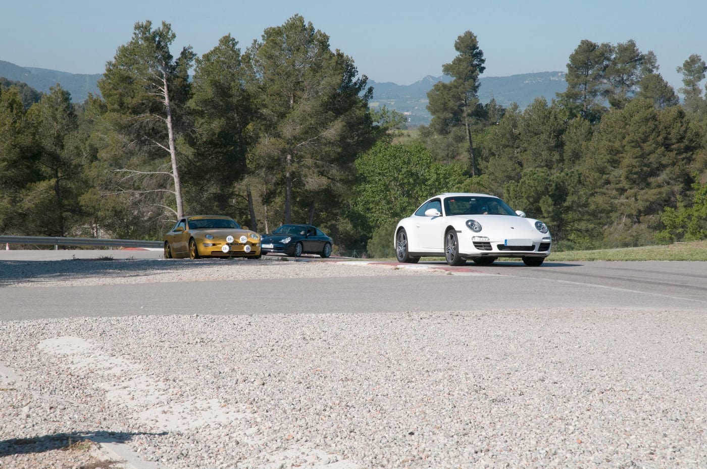 Els Porsche del Summer Ride 2017 aparcats a la vora de la pista, entre pins
