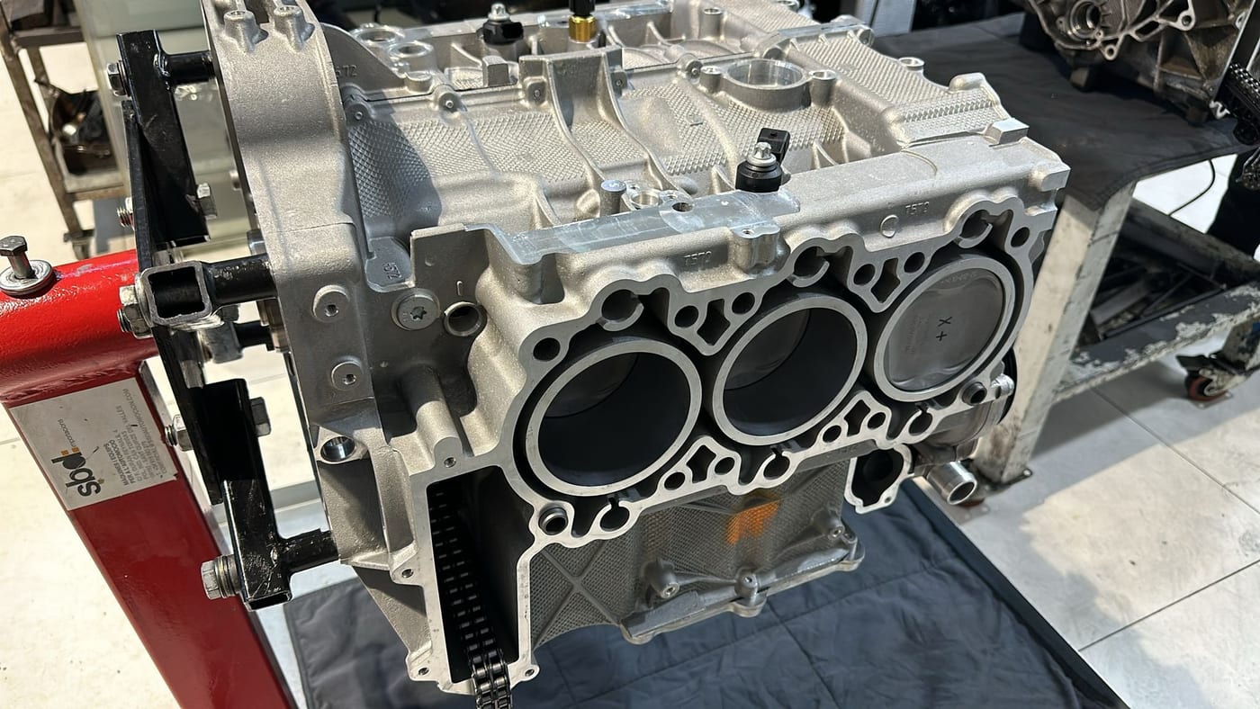 M96 3.4 engine block on the stand, with the bores exposed