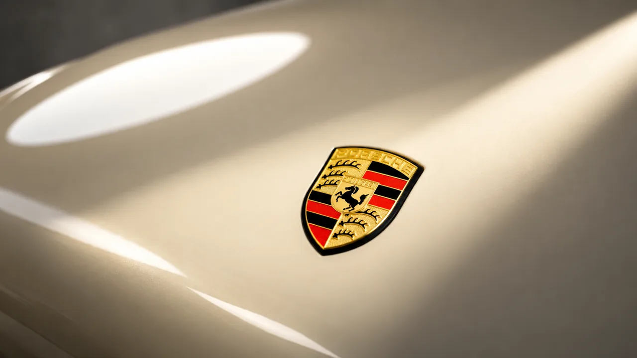 Emblema Porsche sobre la carrocería crema